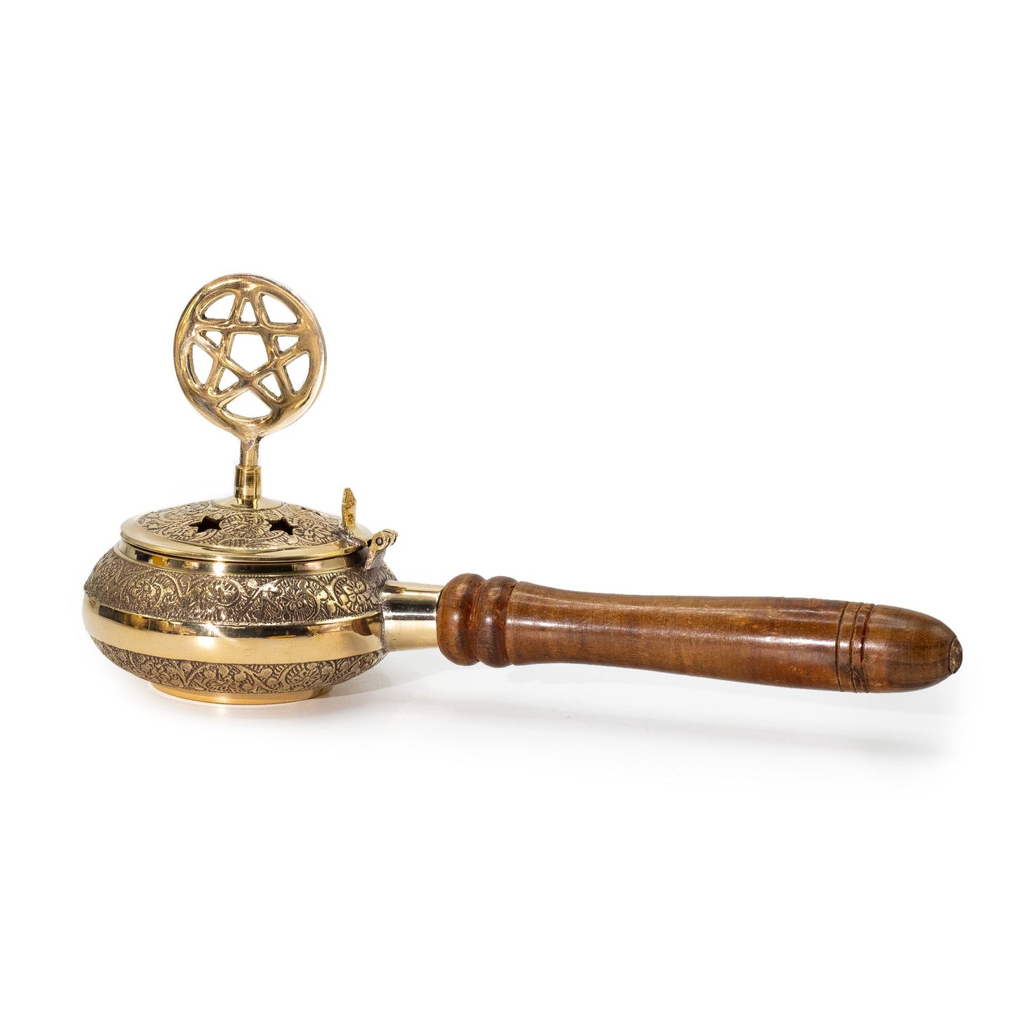 Brass Incense Burner with Handle - Pentagram - Large, with a pierced round burner, pentagram finial and brown grip by Quintessential Holistic Health Ltd
