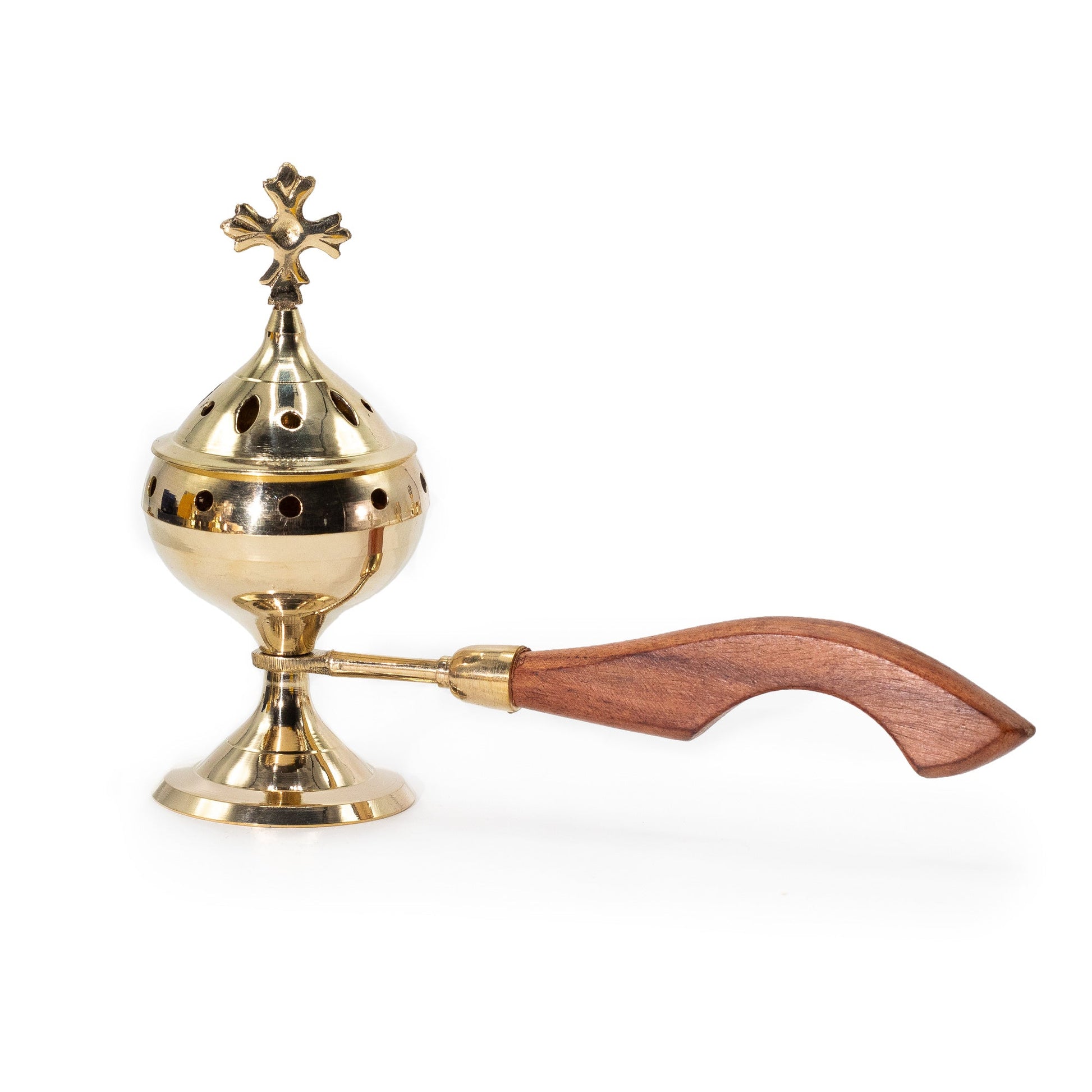 Brass Incense Burner with Handle - Cross - Large, with a pierced lidded bowl, cross finial and brown grip by Quintessential Holistic Health Ltd