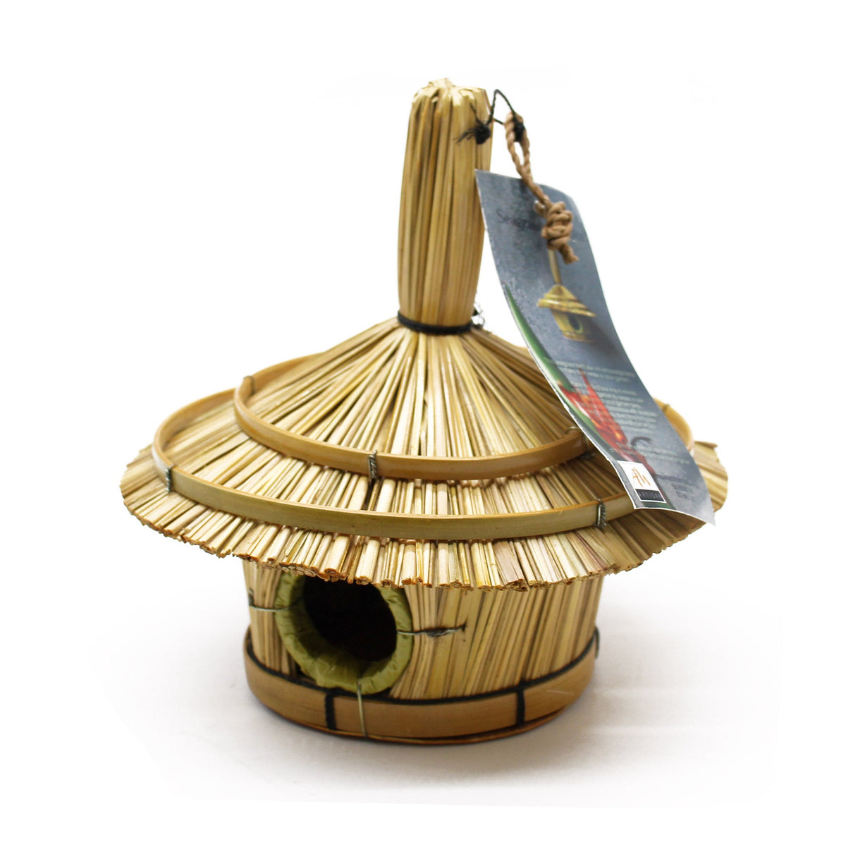 Handcrafted Seagrass Bird Box - Small - Round with layered roof, circular entrance and attached tag by Quintessential Holistic Health Ltd
