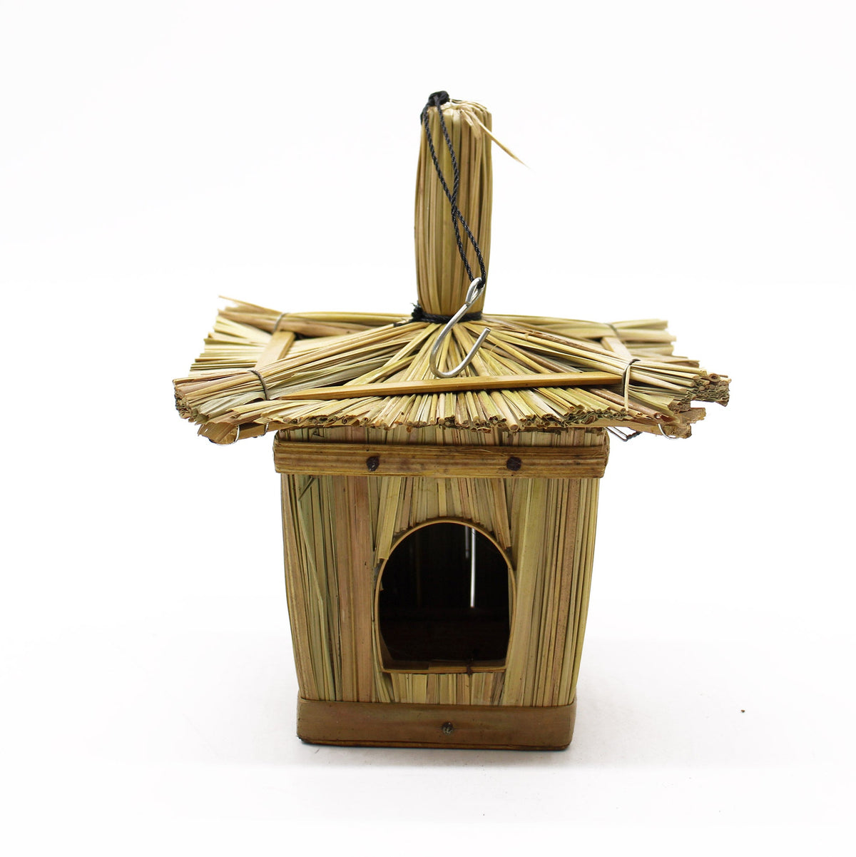 Handcrafted Seagrass Bird Box - Small - Square, angled view with a layered roof, arched opening and hanging loop by Quintessential Holistic Health Ltd