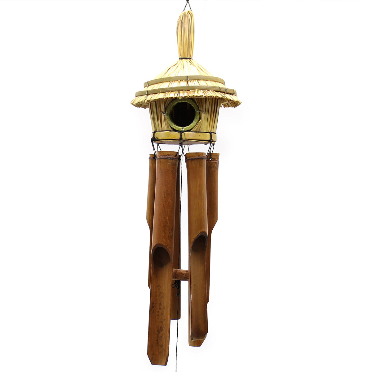 Handcrafted Seagrass & Bamboo Wind Chime Bird Box - Medium Round, tall pointed roof above four brown hanging tubes, by Quintessential Holistic Health Ltd