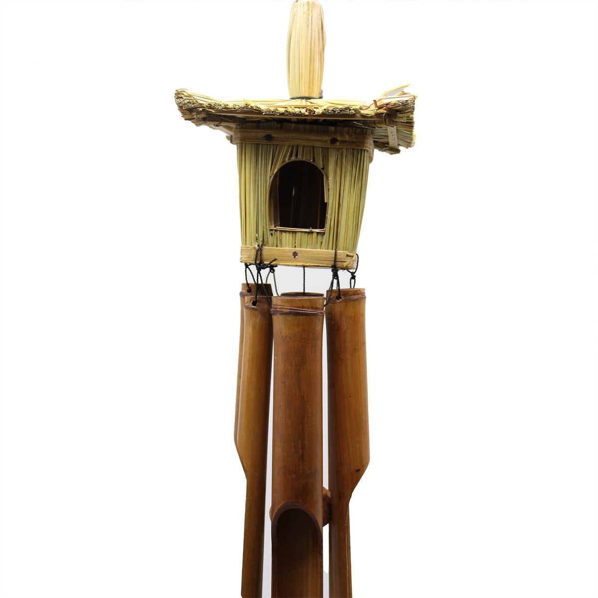Seagrass & Bamboo Square Bird Box with Chimes - Medium with a square bird opening, woven canopy and four long brown tubes by Quintessential Holistic Health Ltd