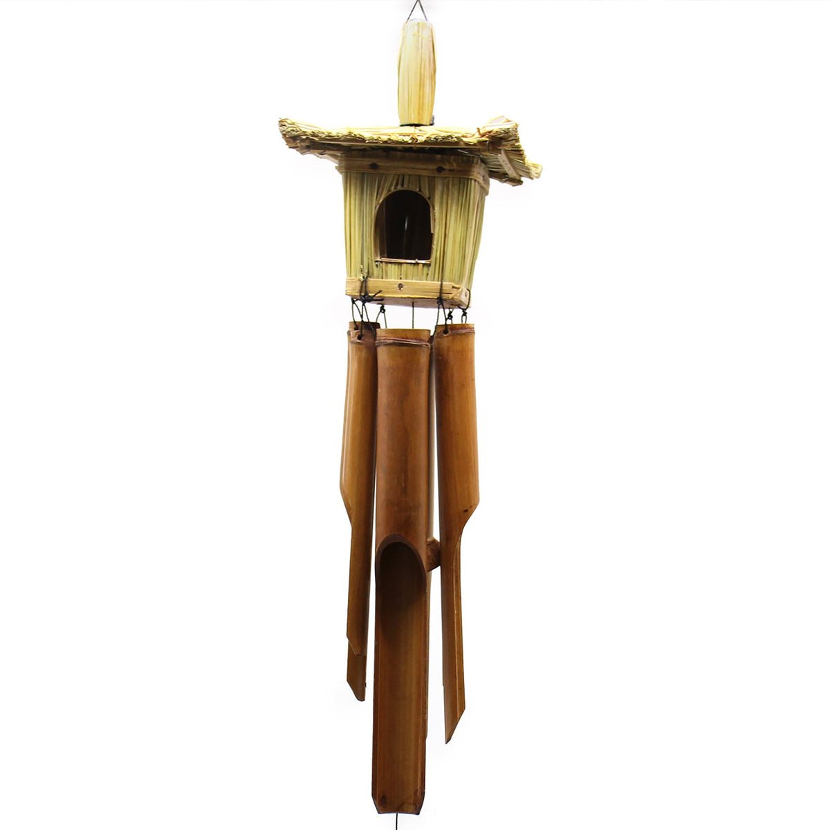 Seagrass & Bamboo Square Bird Box with Chimes - Medium with a pale peaked canopy, dark opening and four suspended tubes by Quintessential Holistic Health Ltd