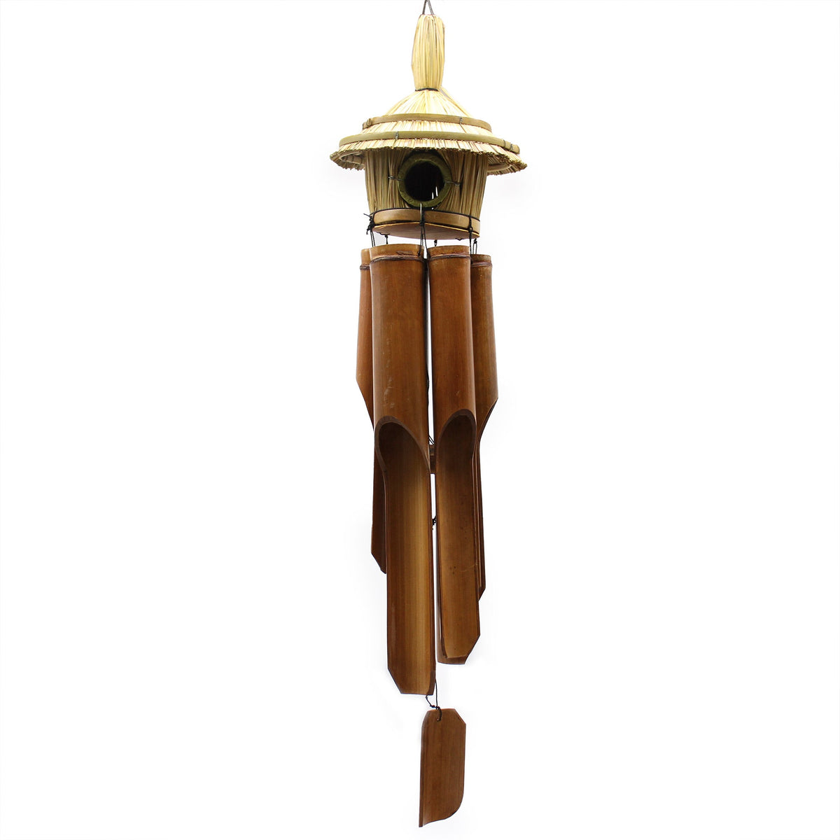 Handcrafted Seagrass and Bamboo Wind Chime Bird Box - Large - Round with pointed woven roof, round opening and hanging tubes by Quintessential Holistic Health Ltd