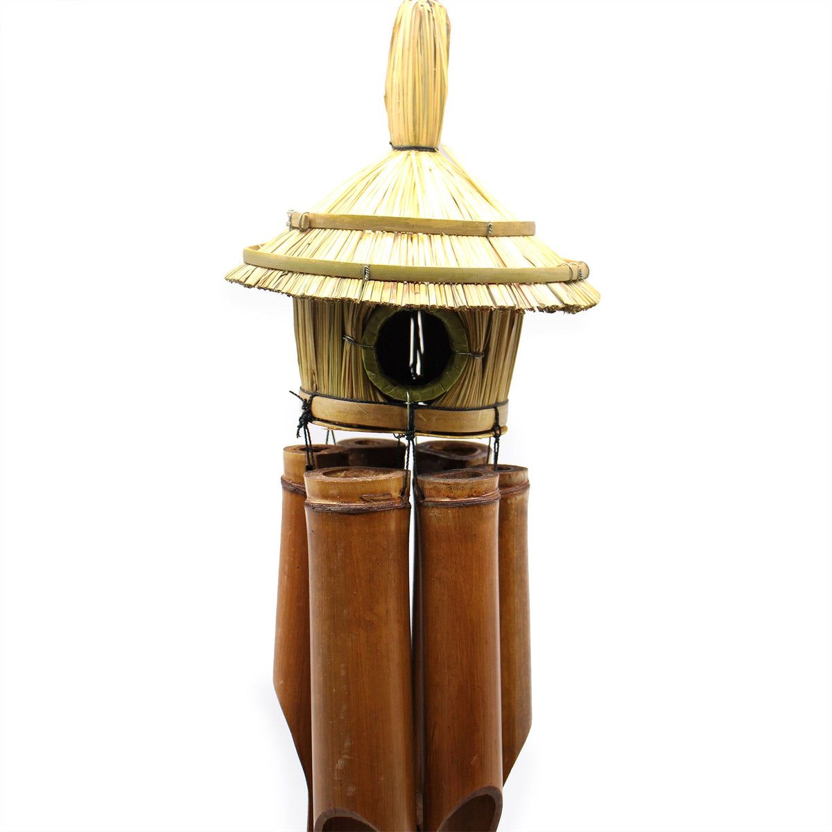 Handcrafted Seagrass and Bamboo Wind Chime Bird Box - Large - Round close view of layered woven roof, round opening and tubes by Quintessential Holistic Health Ltd