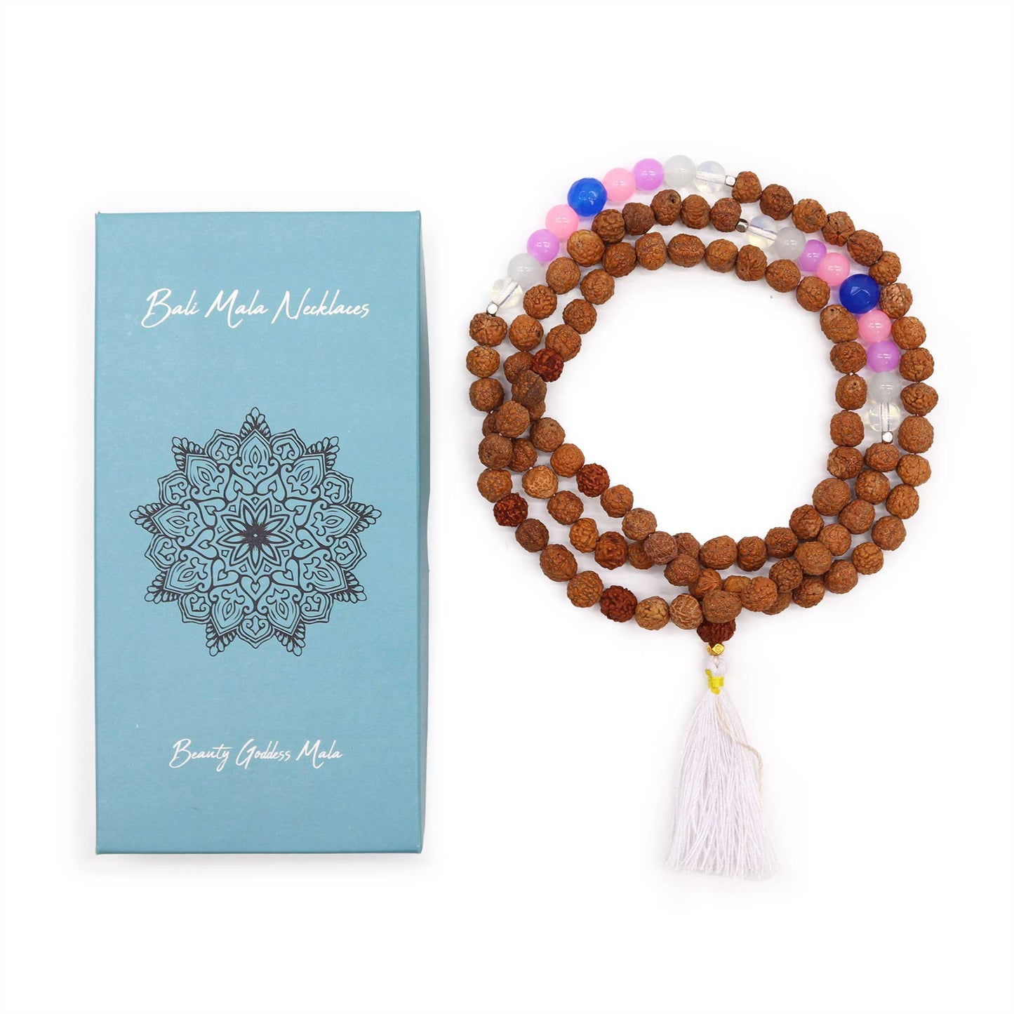 Bali Mala Necklace - Beauty Goddess product packaging on clean background from Quintessential Holistic Health Ltd