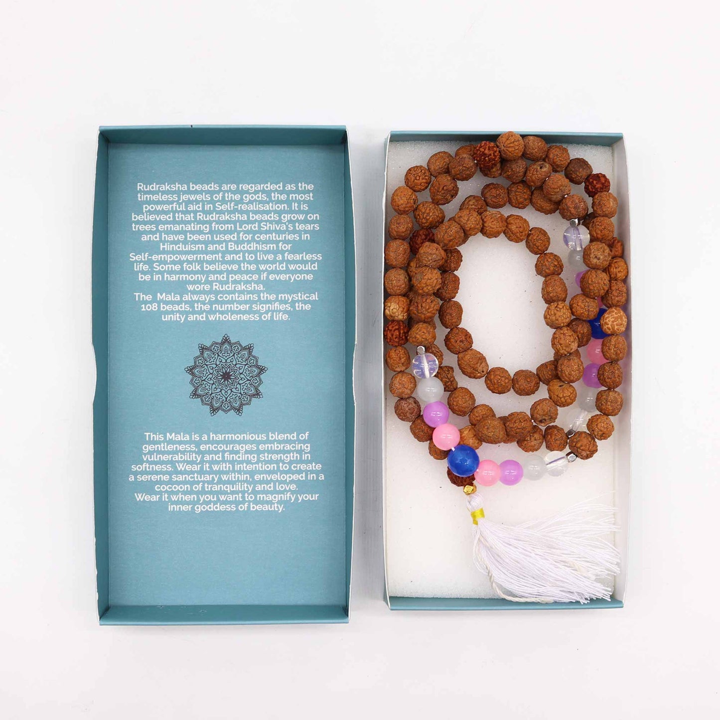 Bali Mala Necklace - Beauty Goddess product packaging on clean background from Quintessential Holistic Health Ltd