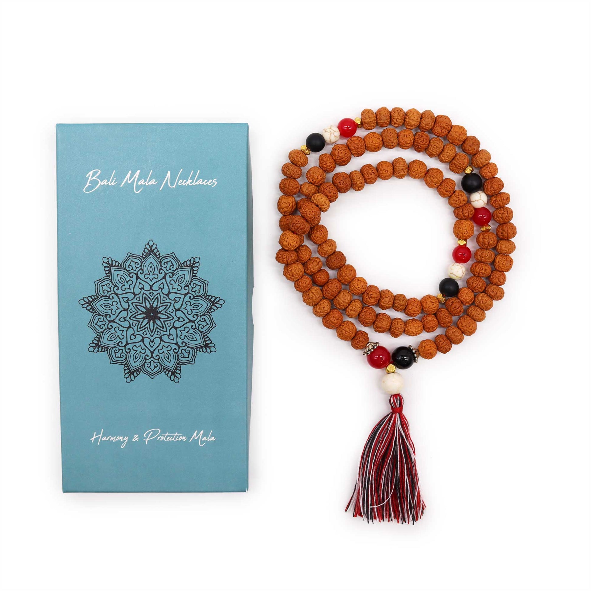 Bali Mala Necklace - Harmony and Protection product packaging on clean background from Quintessential Holistic Health Ltd