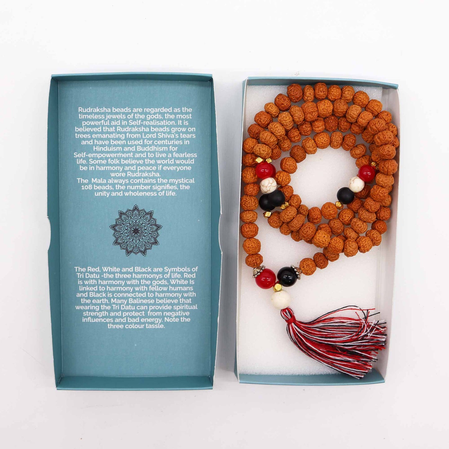 Bali Mala Necklace - Harmony and Protection product packaging on clean background from Quintessential Holistic Health Ltd
