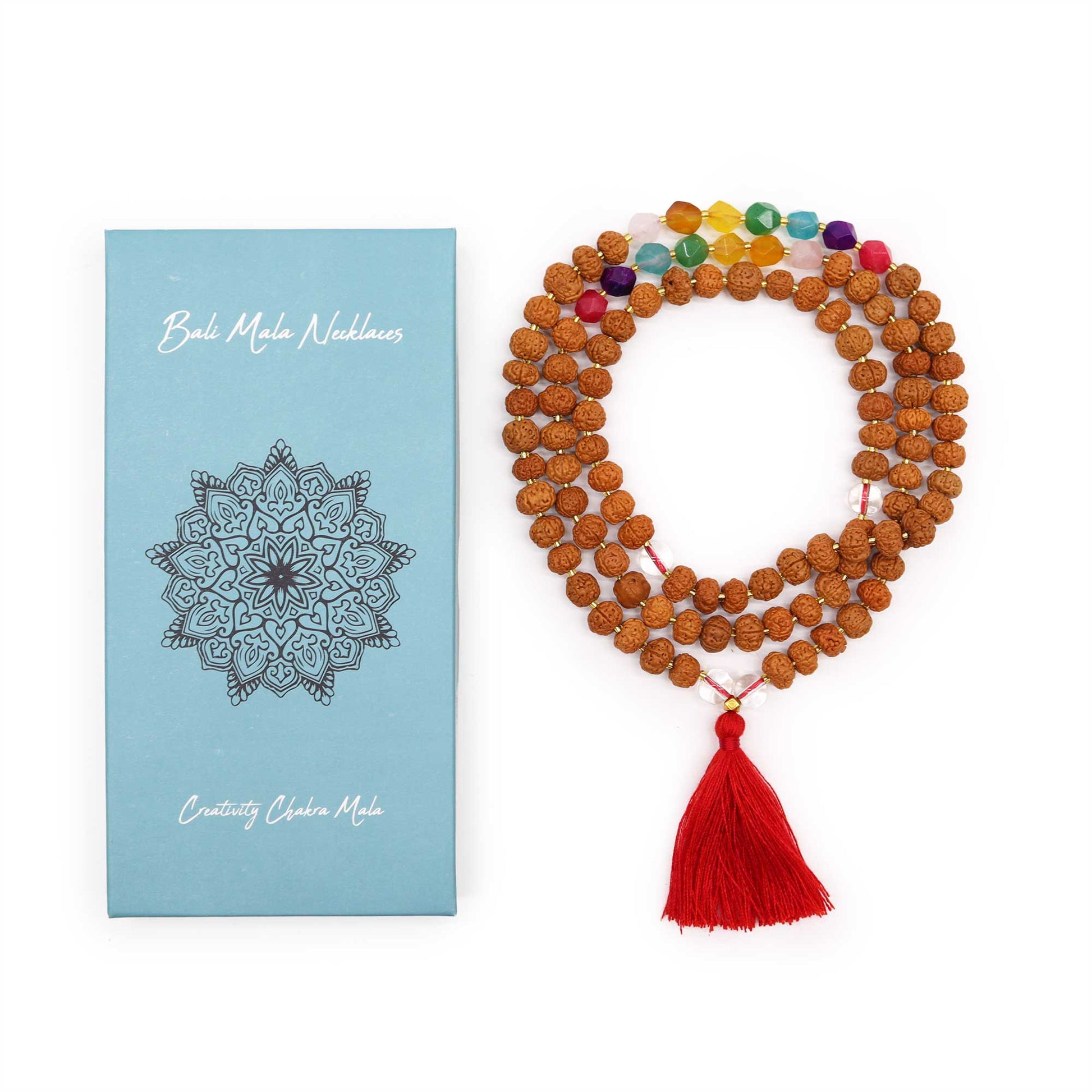 Bali Mala Necklace - Creativity Chakra product packaging on clean background from Quintessential Holistic Health Ltd