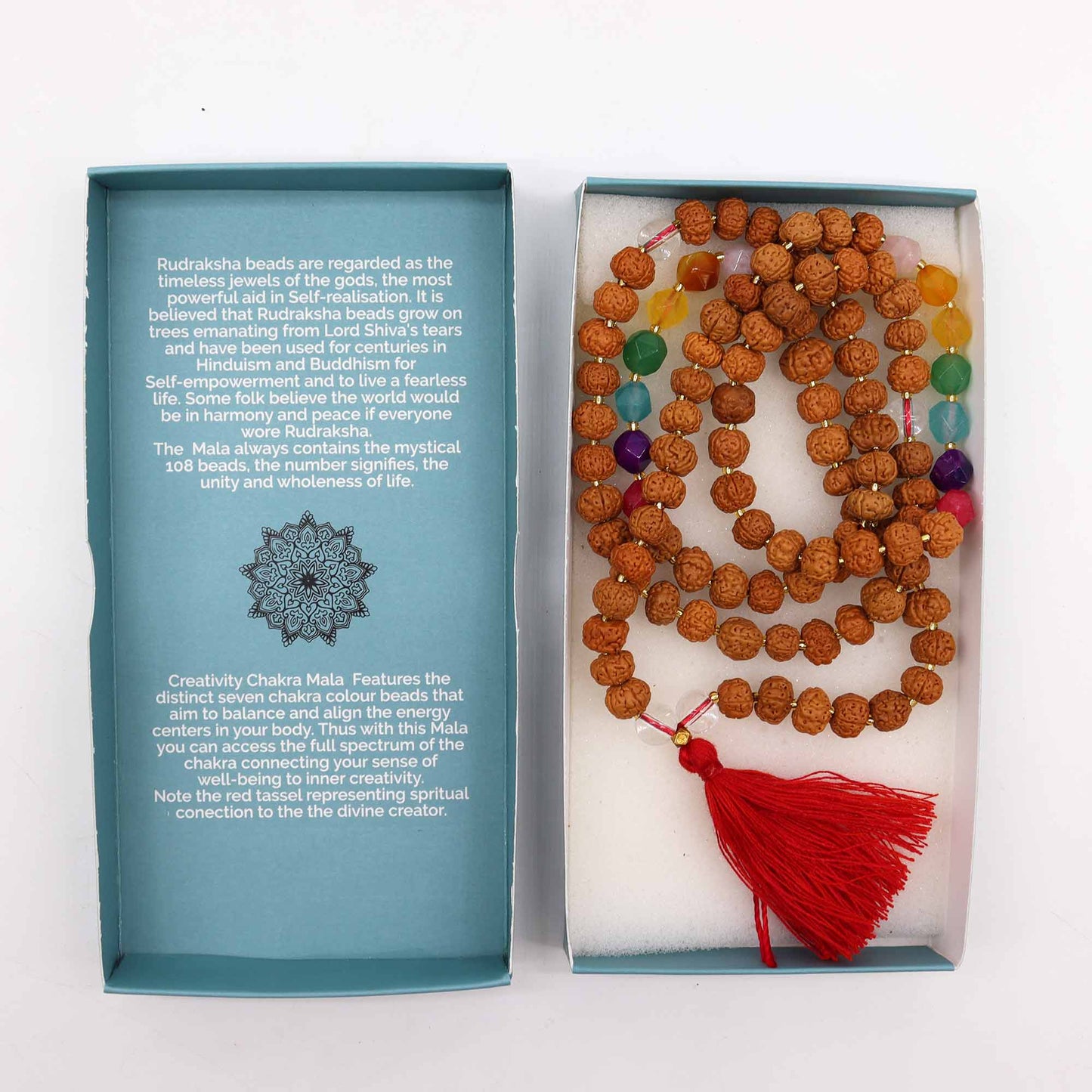 Bali Mala Necklace - Creativity Chakra product packaging on clean background from Quintessential Holistic Health Ltd