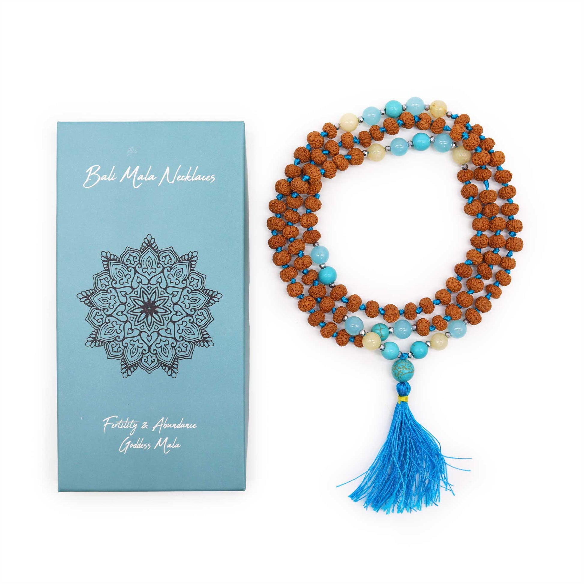 Bali Mala Necklace - Fertility and Abundance product packaging on clean background from Quintessential Holistic Health Ltd
