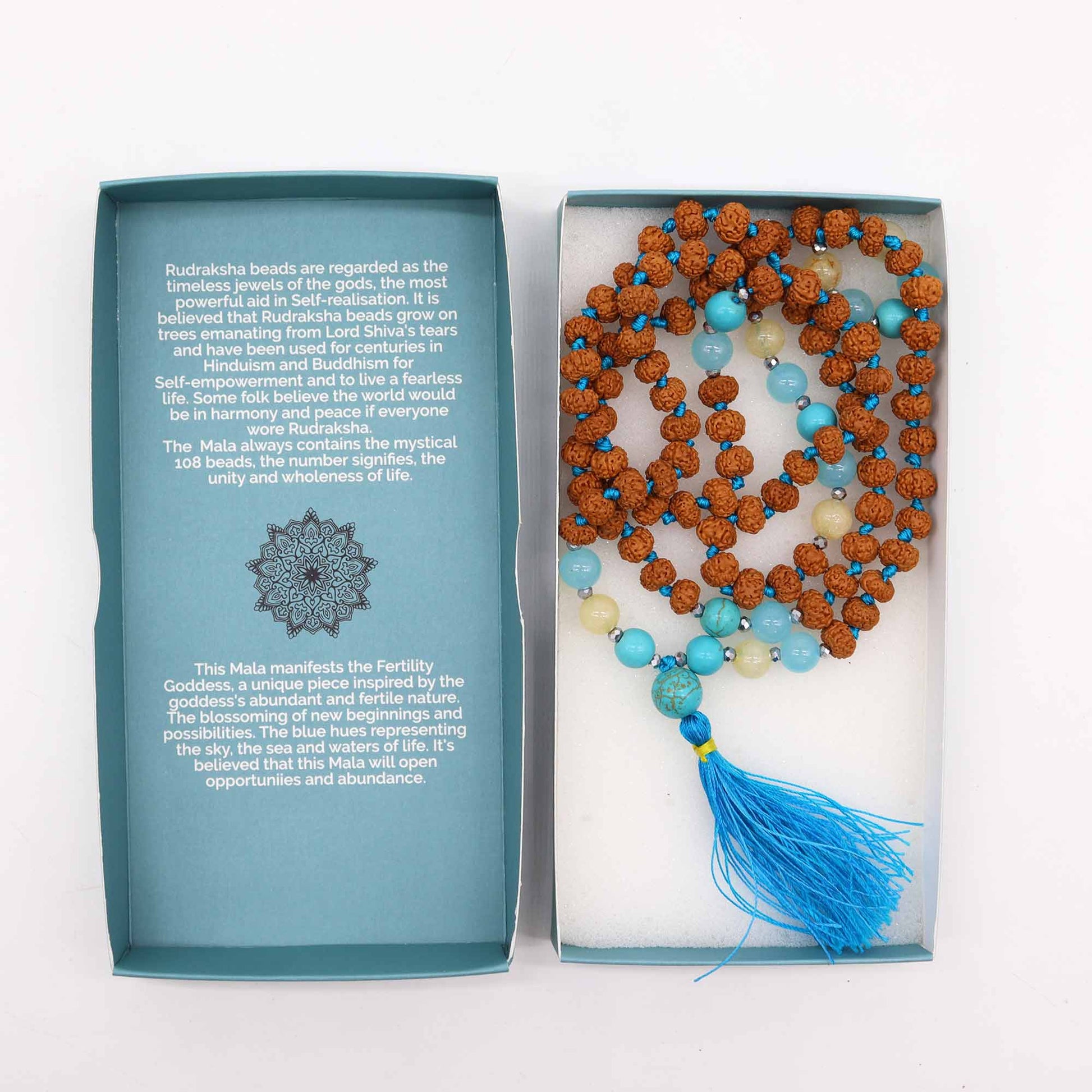 Bali Mala Necklace - Fertility and Abundance product packaging on clean background from Quintessential Holistic Health Ltd