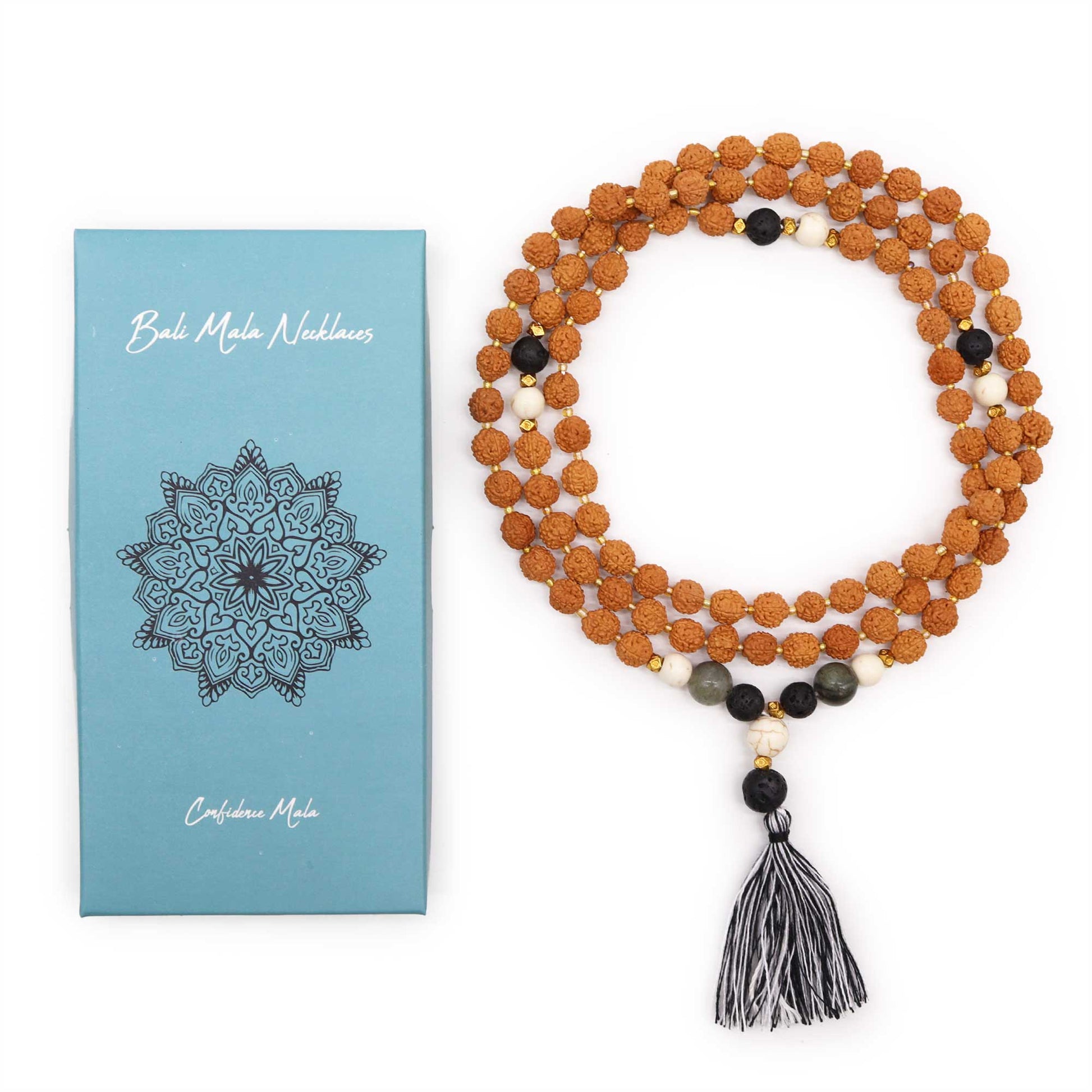 Bali Mala Necklace - Confidence product packaging on clean background from Quintessential Holistic Health Ltd