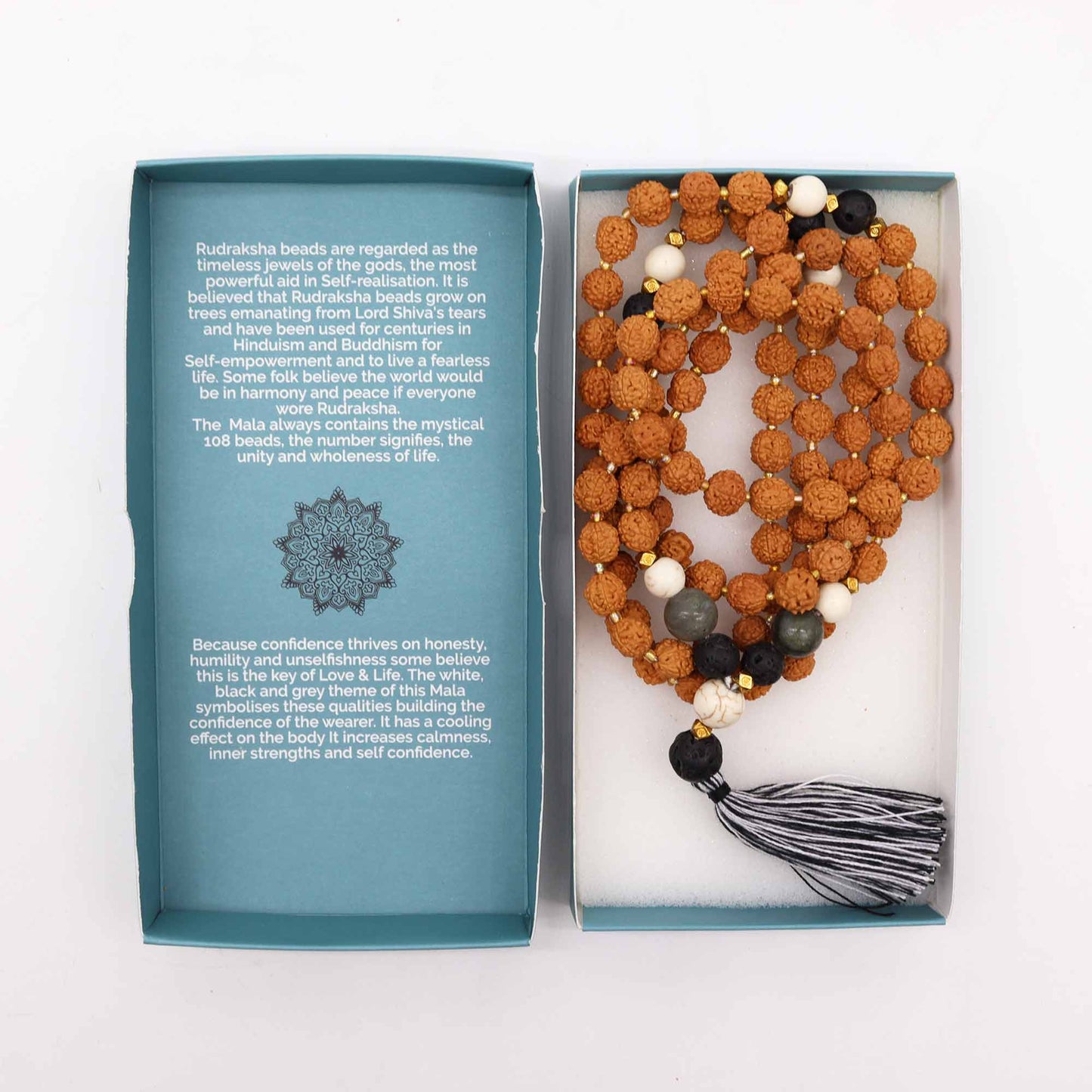 Bali Mala Necklace - Confidence product packaging on clean background from Quintessential Holistic Health Ltd
