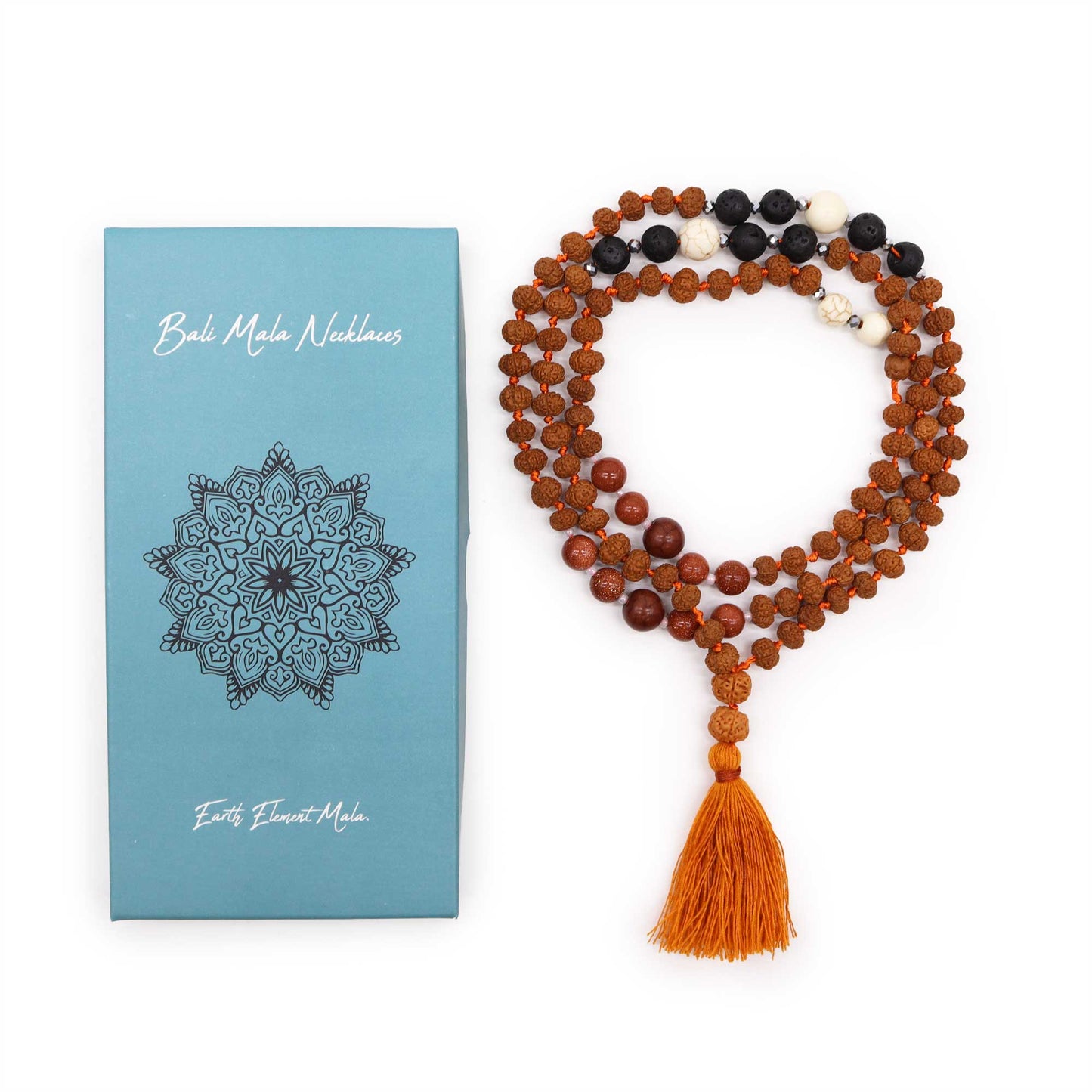 Bali Mala Necklace - Earth Element product packaging on clean background from Quintessential Holistic Health Ltd