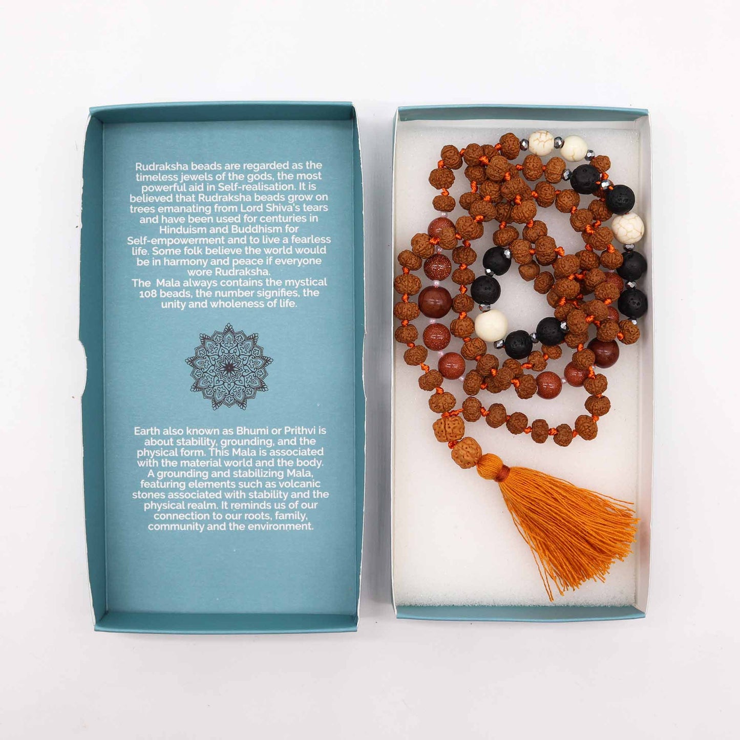 Bali Mala Necklace - Earth Element product packaging on clean background from Quintessential Holistic Health Ltd