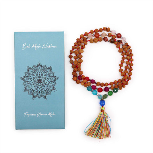 Bali Mala Necklace - Forgiveness Warrior product packaging on clean background from Quintessential Holistic Health Ltd
