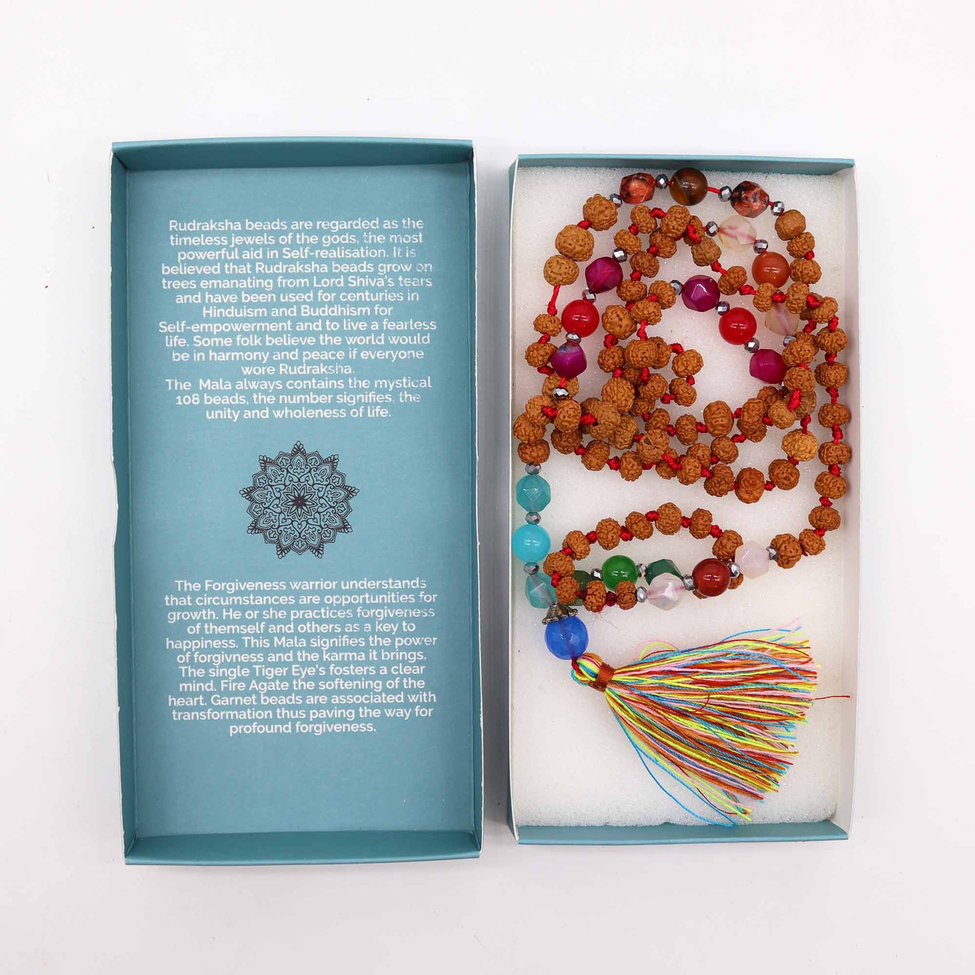 Bali Mala Necklace - Forgiveness Warrior product packaging on clean background from Quintessential Holistic Health Ltd