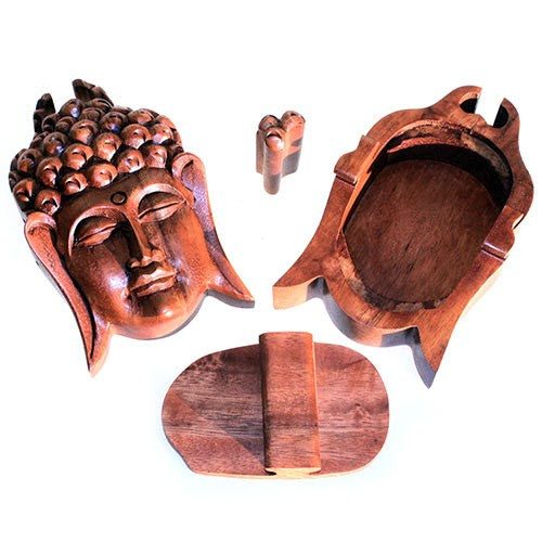 Handmade Wooden Magic Puzzle Storage Box - Buddha Head product packaging on clean background from Quintessential Holistic Health Ltd