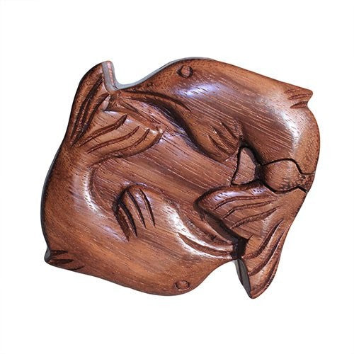 Handmade Balinese Sheesham Suman Wood Water Creatures Magic Puzzle Box