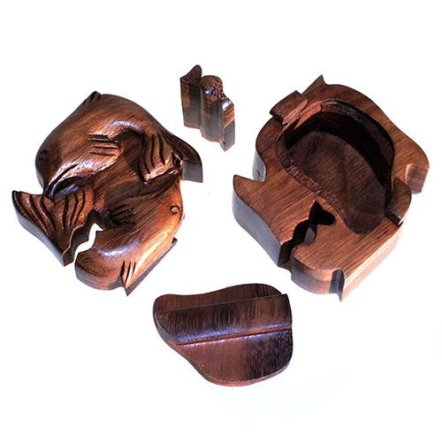 Handmade Balinese Sheesham Suman Wood Water Creatures Magic Puzzle Box