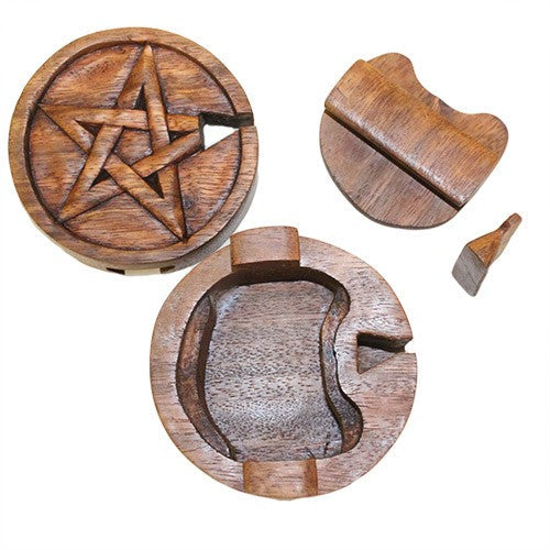 Handmade Wooden Magic Puzzle Storage Box - Pentagon product packaging on clean background from Quintessential Holistic Health Ltd