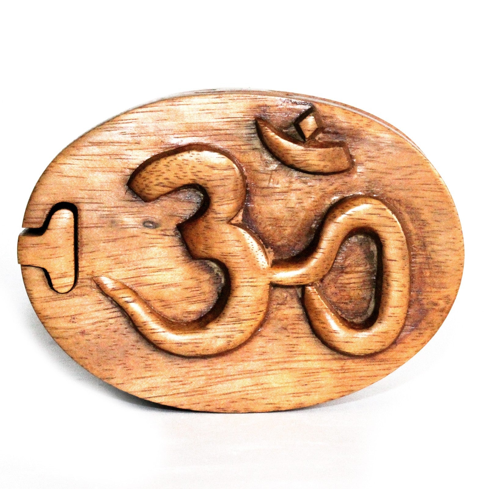 Handmade Wooden Magic Puzzle Storage Box - Om product packaging on clean background from Quintessential Holistic Health Ltd
