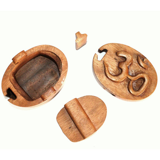 Handmade Wooden Magic Puzzle Storage Box - Om product packaging on clean background from Quintessential Holistic Health Ltd