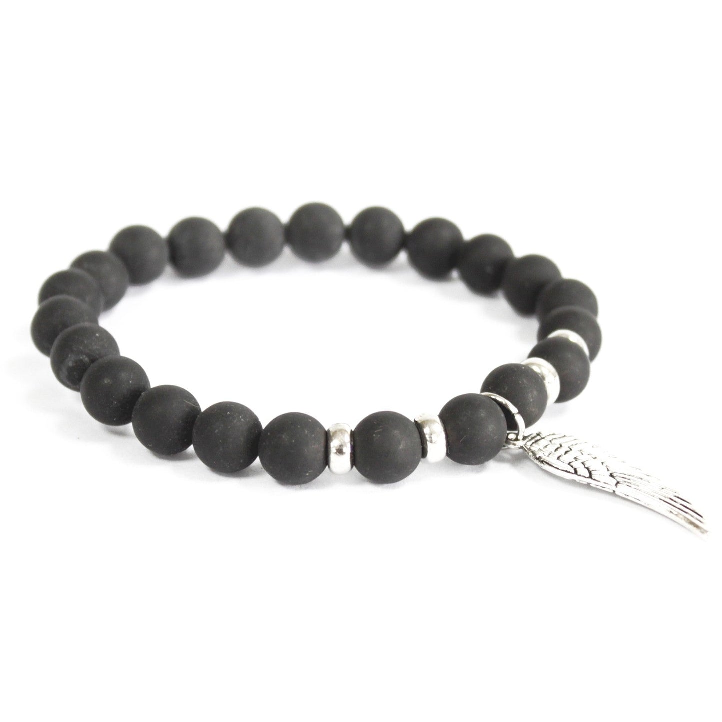 Unisex Handcrafted Boho Gemstone Bracelet - Black Agate Gemstones / Silver Angel Wing product packaging on clean background from Quintessential Holistic Health Ltd