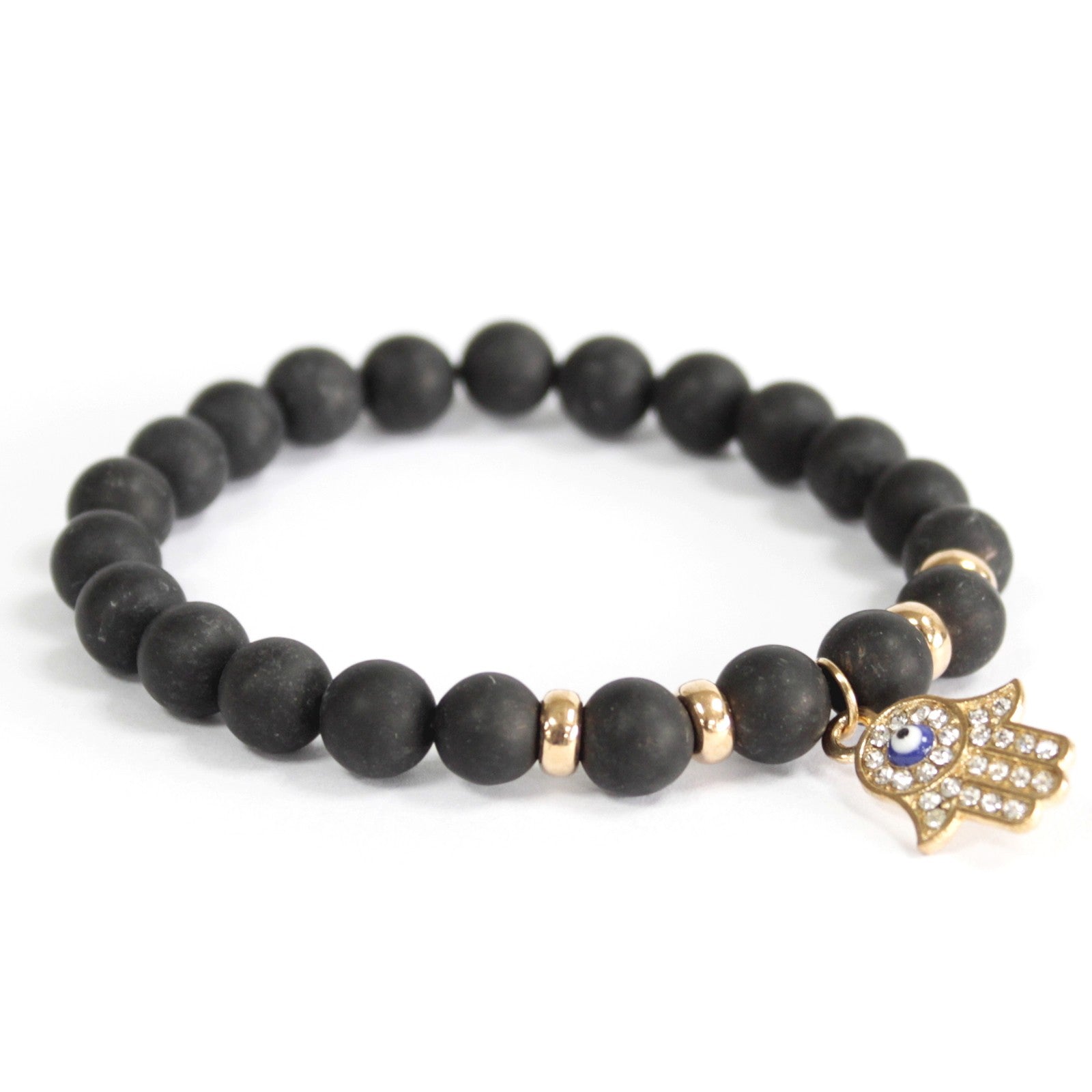 Unisex Handcrafted Boho Gemstone Bracelet - Black Agate Gemstones / Gold Hamsa product packaging on clean background from Quintessential Holistic Health Ltd