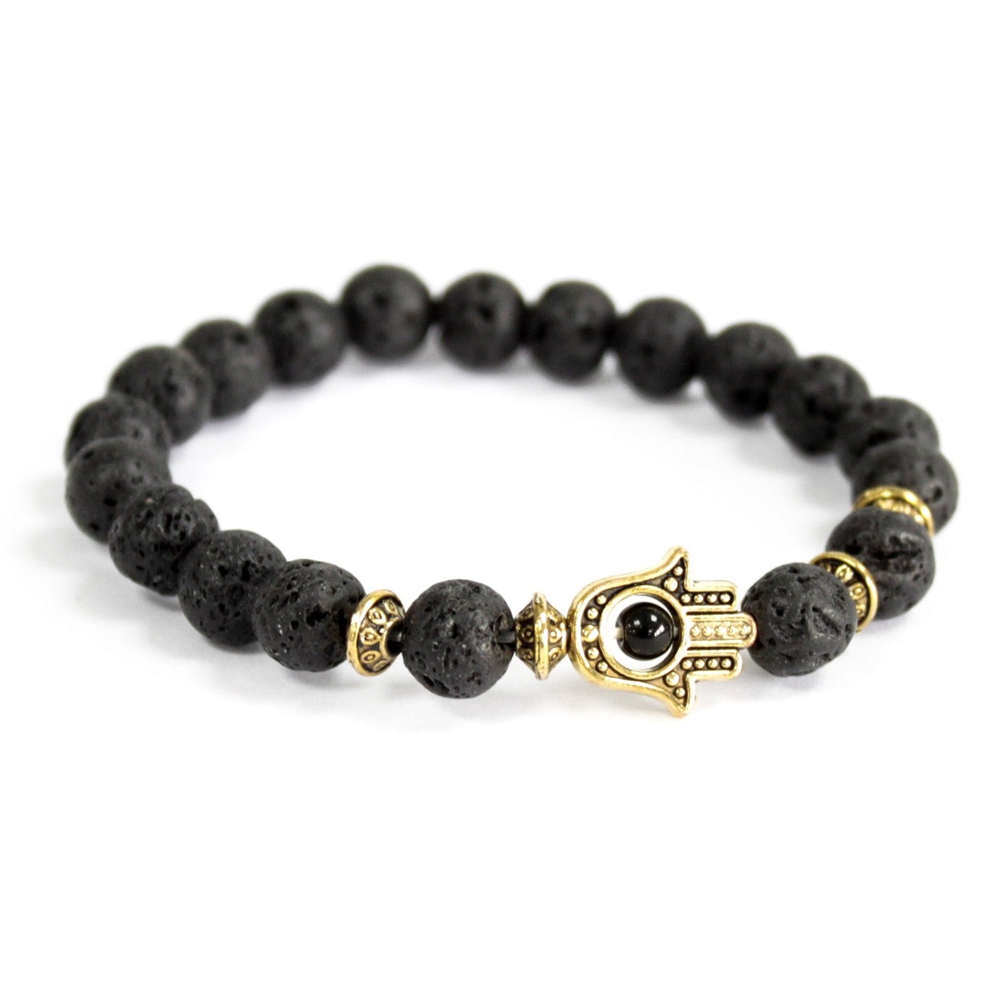 Unisex Handcrafted Boho Gemstone Bracelet - Lava Stone Gemstones / Gold Hamsa product packaging on clean background from Quintessential Holistic Health Ltd