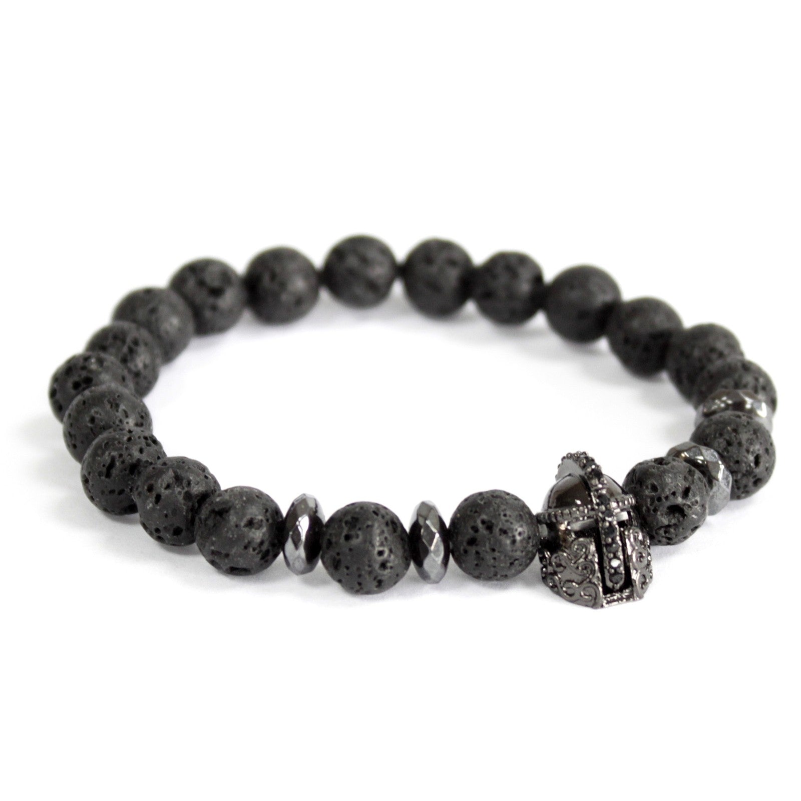 Unisex Handcrafted Boho Gemstone Bracelet - Lava Stone Gemstones / Black Knights Helmet product packaging on clean background from Quintessential Holistic Health Ltd
