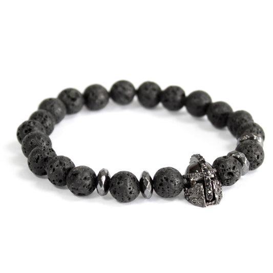 Unisex Handcrafted Boho Gemstone Bracelet - Lava Stone Gemstones / Black Knights Helmet product packaging on clean background from Quintessential Holistic Health Ltd