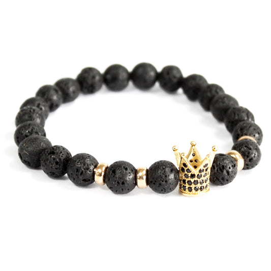 Unisex Handcrafted Boho Gemstone Bracelet - Lava Stone Gemstones / Gold Crown product packaging on clean background from Quintessential Holistic Health Ltd
