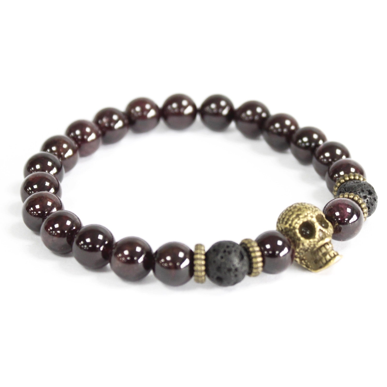 Unisex Handcrafted Boho Gemstone Bracelet - Blood Stone Gemstones / Bronze Skull product packaging on clean background from Quintessential Holistic Health Ltd