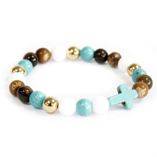 Unisex Handcrafted Boho Gemstone Bracelet - Royal Bead Gemstones / Turquoise Cross product packaging on clean background from Quintessential Holistic Health Ltd