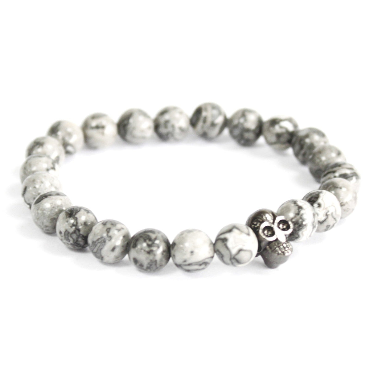 Unisex Handcrafted Boho Bracelet - Grey Agate - Pewter Skull, round grey marbled beads with a small silver-tone skull bead, by Quintessential Holistic Health Ltd