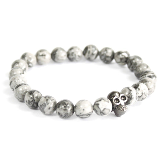 Unisex Handcrafted Boho Gemstone Bracelet - Grey Agate Gemstones - Pewter Skull - main product image from Quintessential Holistic Health Ltd UK