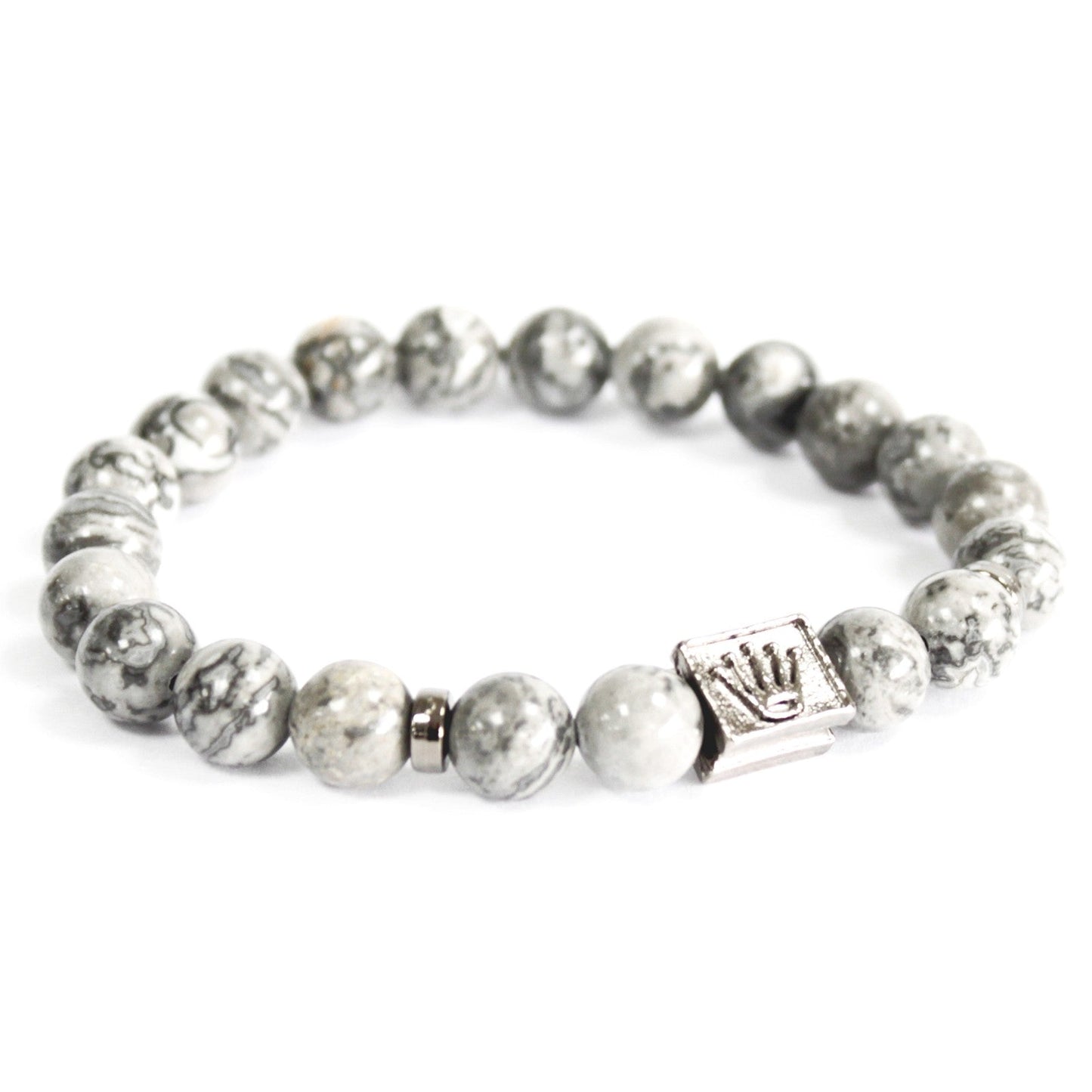 Unisex Handcrafted Boho Gemstone Bracelet - Grey Agate Gemstones / Silver Crown Ingot product packaging on clean background from Quintessential Holistic Health Ltd