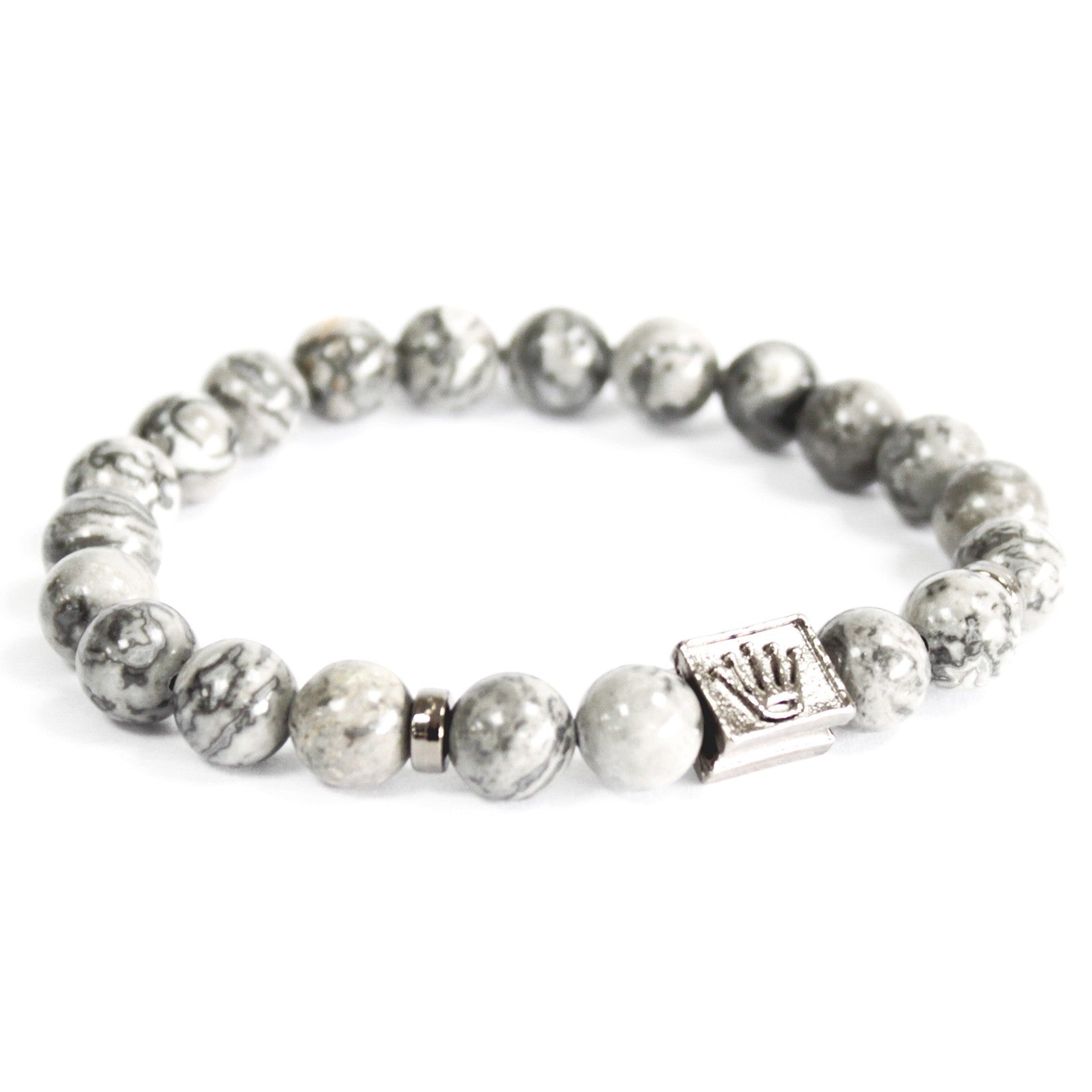 Unisex Handcrafted Boho Gemstone Bracelet - Grey Agate Gemstones / Silver Crown Ingot product packaging on clean background from Quintessential Holistic Health Ltd