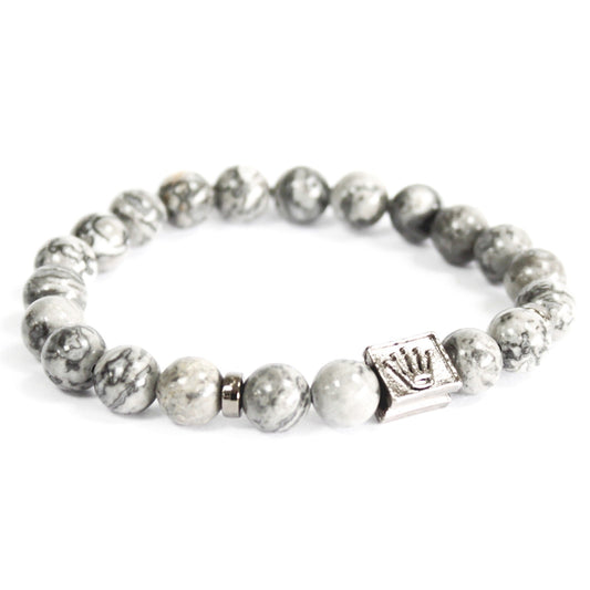 Unisex Handcrafted Boho Gemstone Bracelet - Grey Agate Gemstones / Silver Crown Ingot product packaging on clean background from Quintessential Holistic Health Ltd