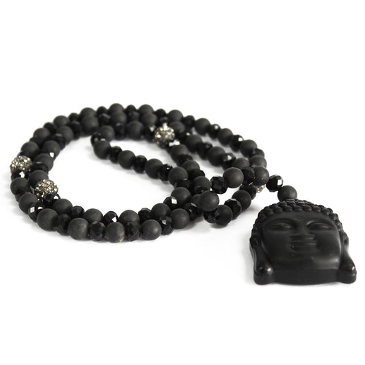 Unisex Handcrafted Boho Gemstone Bracelet - Black Agate Gemstones / Black Buddha Head product packaging on clean background from Quintessential Holistic Health Ltd