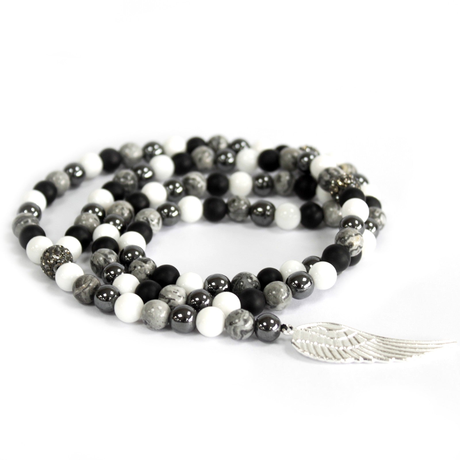 Handcrafted Boho Gemstone Necklace - Grey Agate Gemstones / Silver Angel Wing product packaging on clean background from Quintessential Holistic Health Ltd