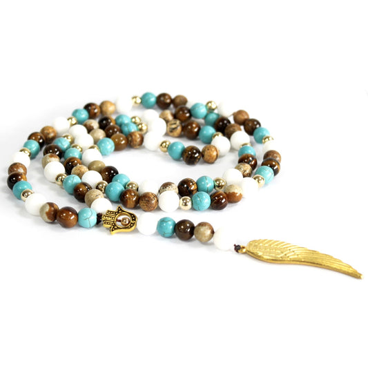 Handcrafted Boho Gemstone Necklace - Multi Bead Gemstones / Gold Angel Wing product packaging on clean background from Quintessential Holistic Health Ltd