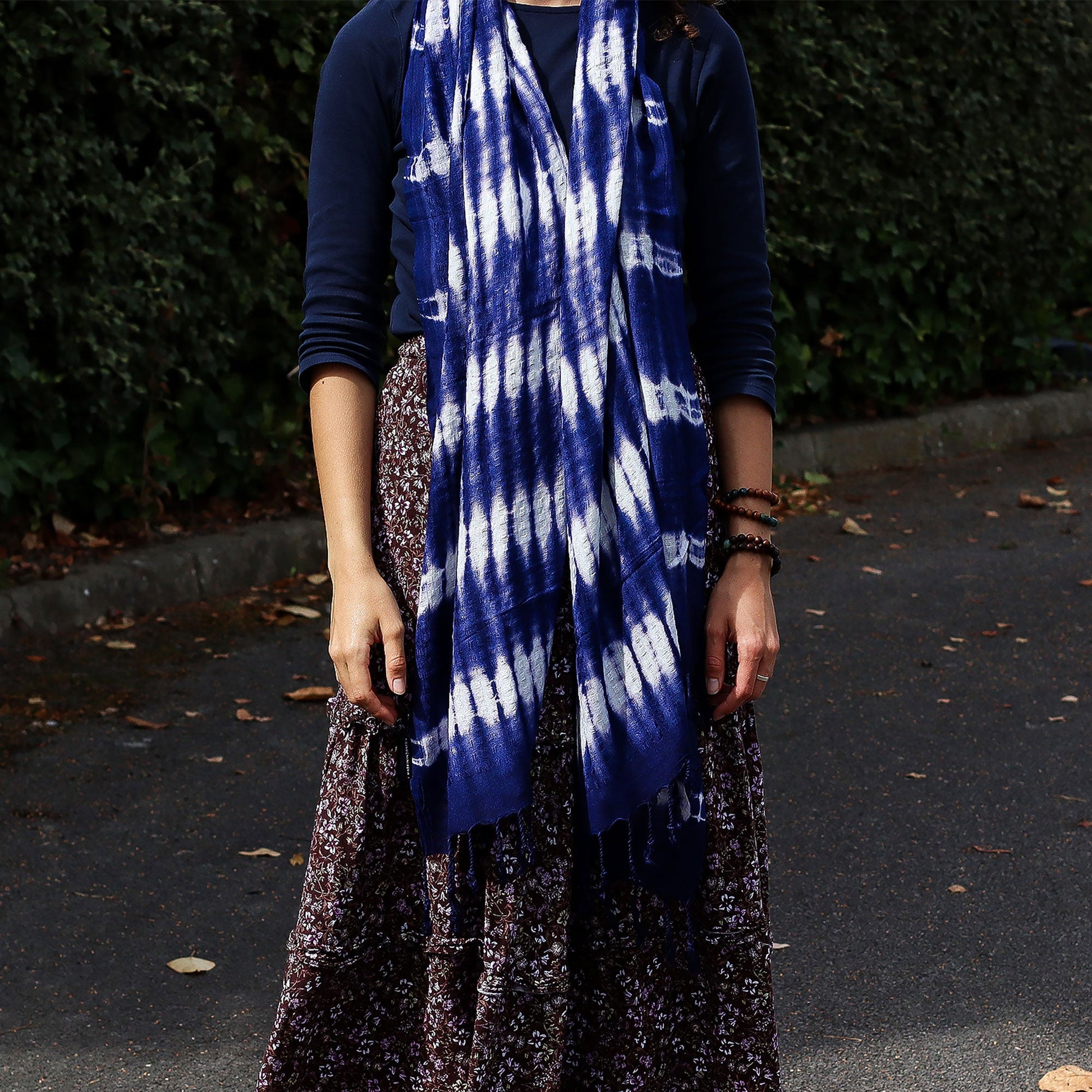 Boho Java Art Scarf / Shawl - Indigo / Blue and White Stripes product packaging on clean background from Quintessential Holistic Health Ltd