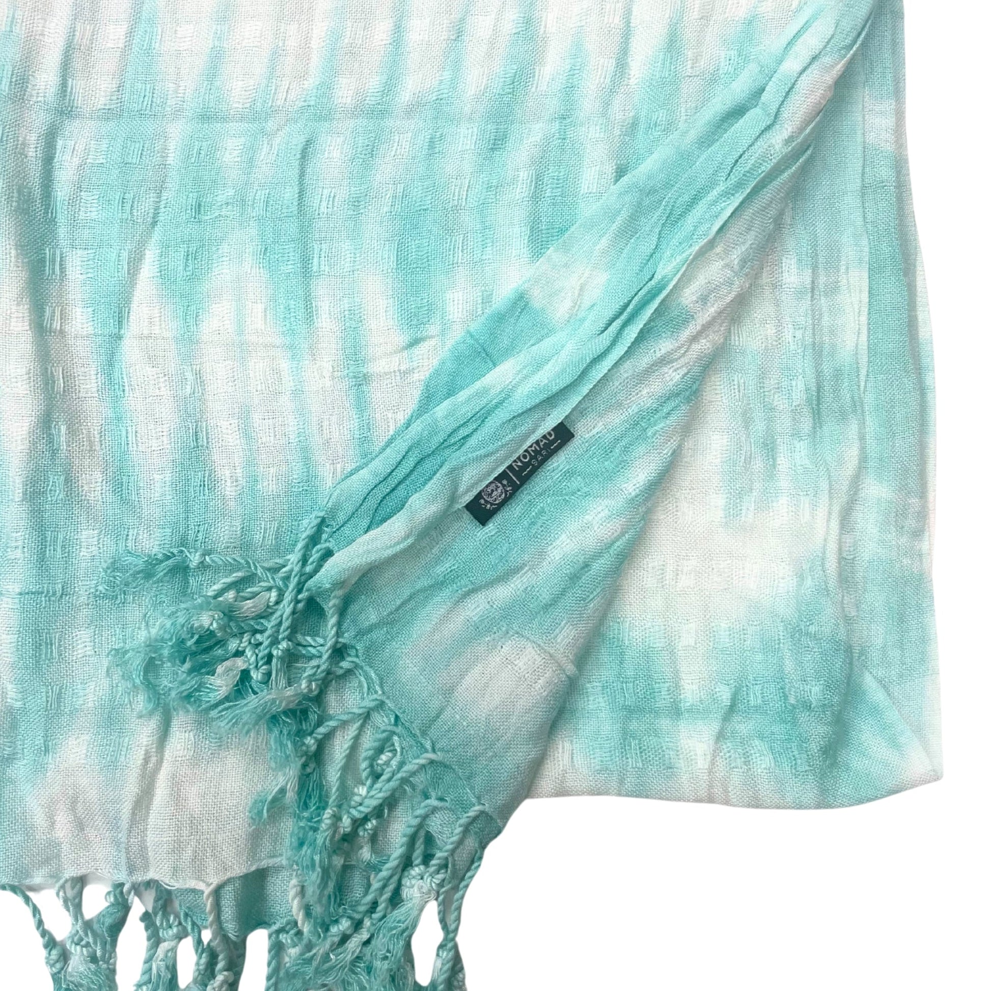 Boho Java Art Scarf / Shawl - Teal and White Stripes product packaging on clean background from Quintessential Holistic Health Ltd