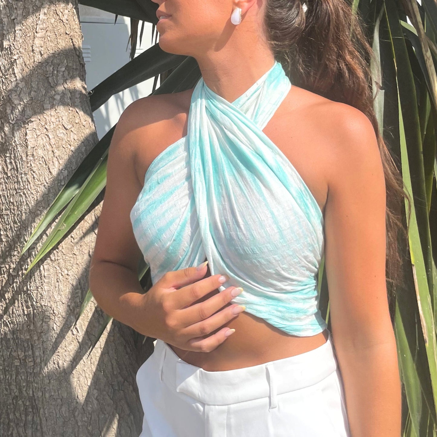 Boho Java Art Scarf / Shawl - Teal and White Stripes product packaging on clean background from Quintessential Holistic Health Ltd