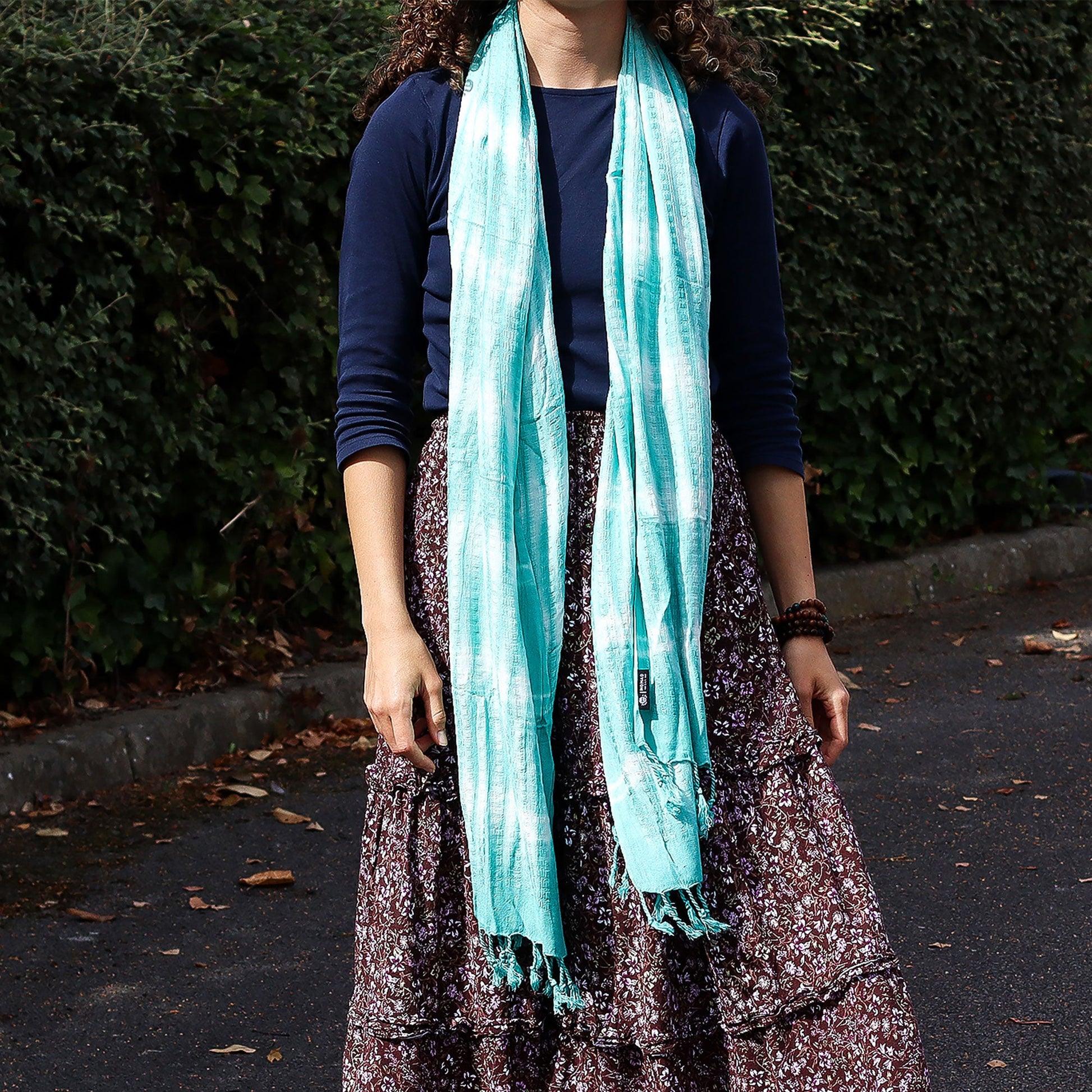Boho Java Art Scarf / Shawl - Teal and White Stripes product packaging on clean background from Quintessential Holistic Health Ltd