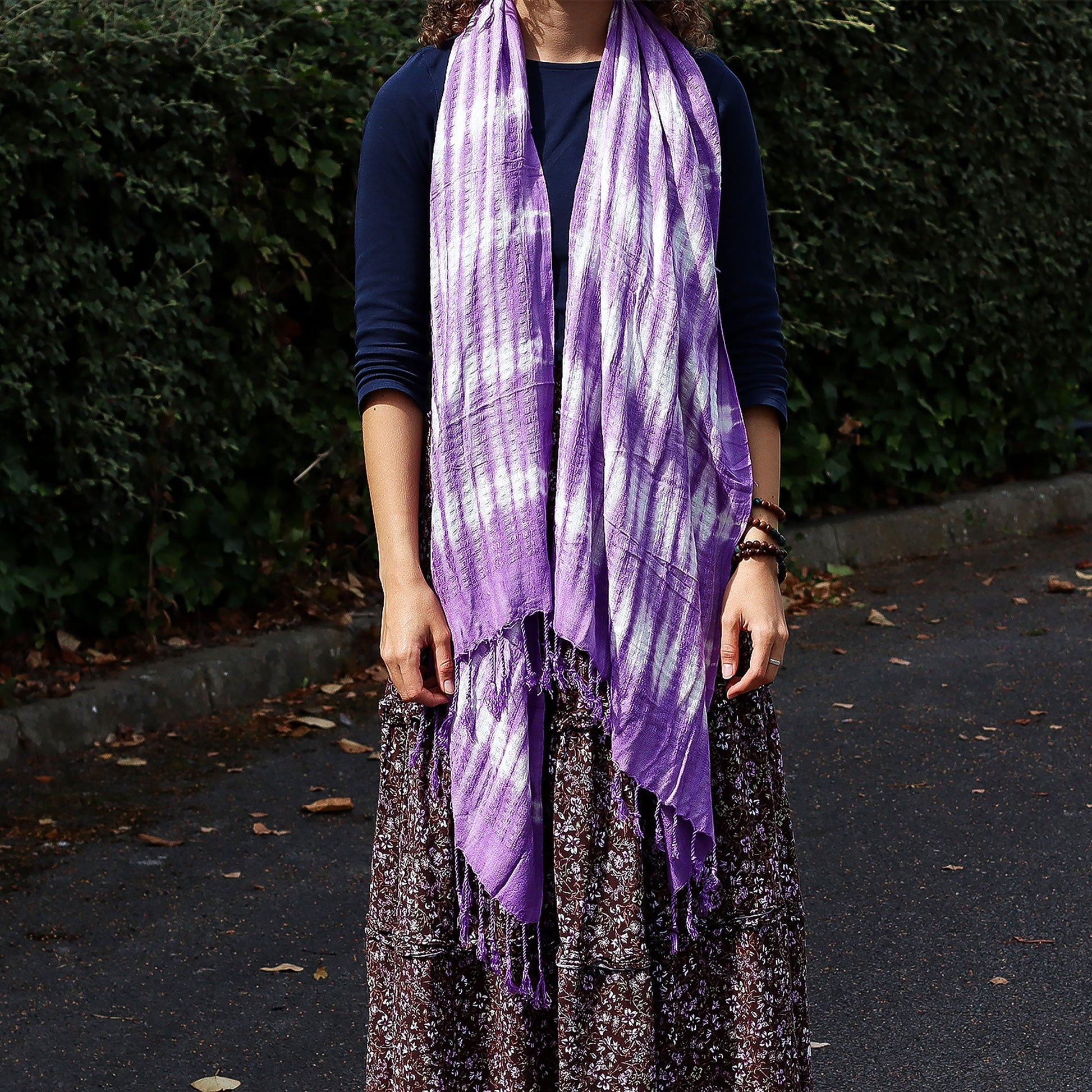 Boho Java Art Scarf / Shawl - Lavender and White Stripes product packaging on clean background from Quintessential Holistic Health Ltd